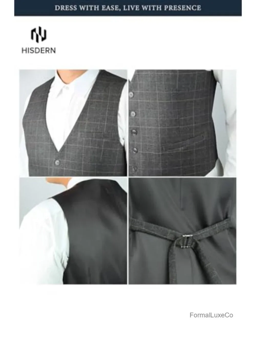 Men's Plaid Suit Vest Slim Fit V-Neck Formal Business Waistcoat Tuxedo